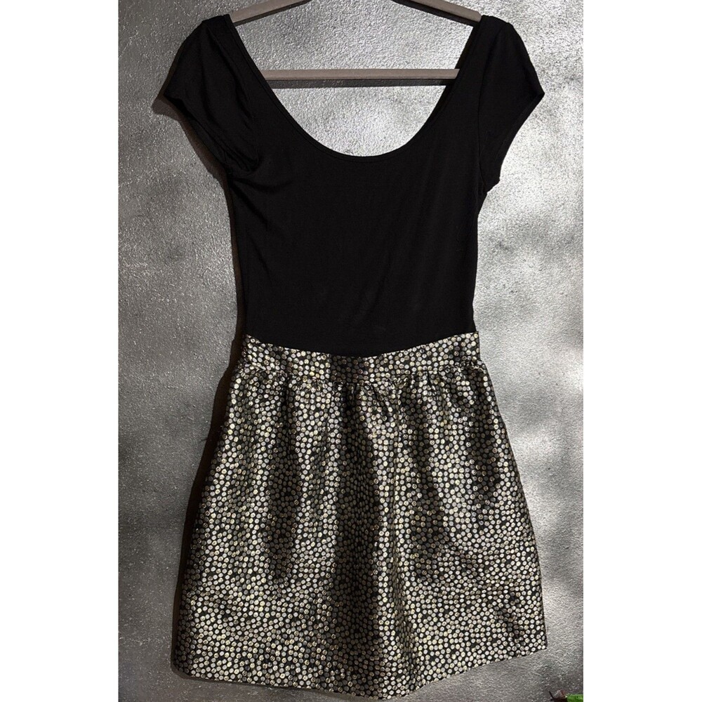 Aqua Dress M Gold Black Metallic Circle Pleated Mini Ruffle Cocktail Pockets